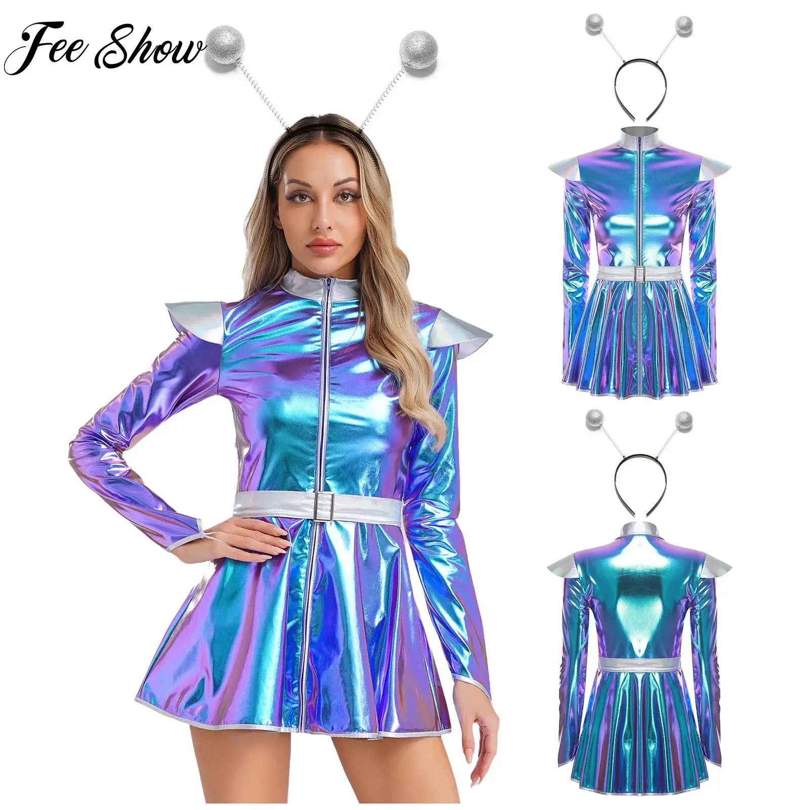 2Pcs Women Outerspace Alien Astronaut Costume Long Sleeve Metallic Dress for Halloween Carnival Party Cosplay And Hair Hoop
2Pcs Women Outerspace Alien Astronaut Costume Long Sleeve Metallic Dress for Halloween Carnival Party Cosplay And Hair Hoop