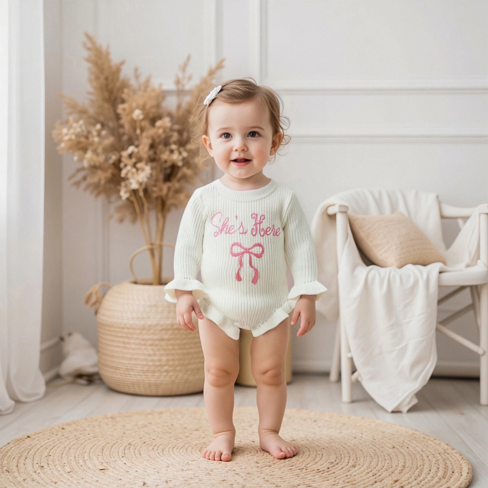 Suefunskry Baby Girls Knit Romper Long Sleeve Crew Neck Embroidery Bow Letters Bodysuit Sweater for Casual Daily 
Suefunskry Baby Girls Knit Romper Long Sleeve Crew Neck Embroidery Bow Letters Bodysuit Sweater for Casual Daily