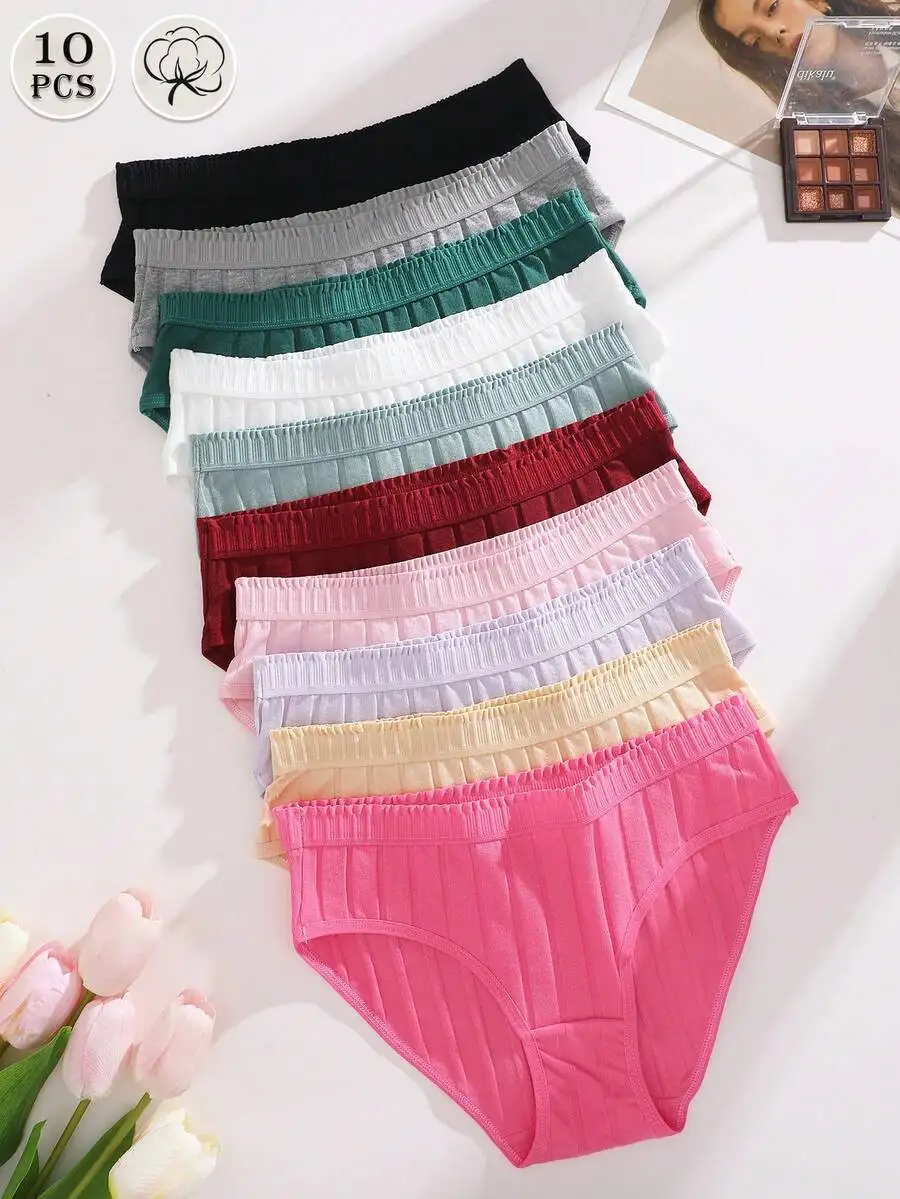10 Pcs Solid Color Ribbed Cotton Mid-Rise Womens Briefs Soft Breathable Daily Underwear
10 Pcs Solid Color Ribbed Cotton Mid-Rise Womens Briefs Soft Breathable Daily Underwear