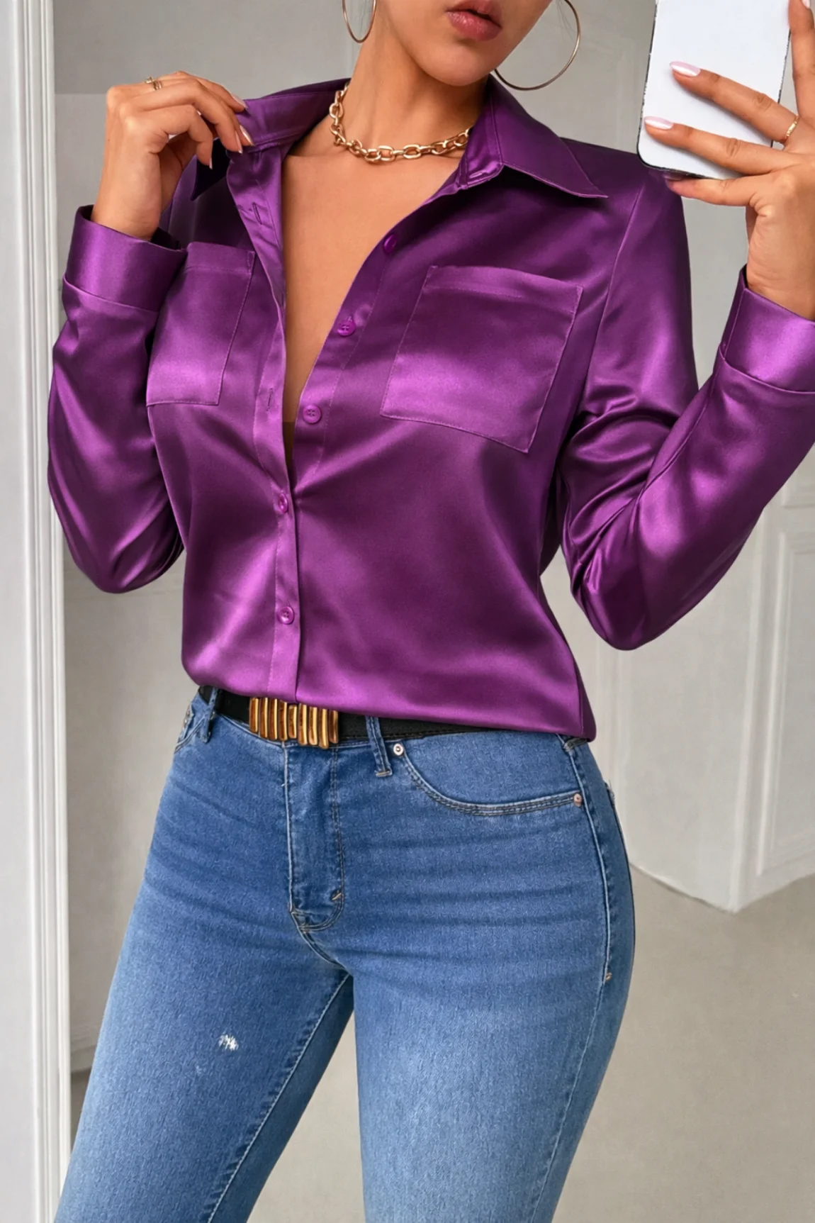 Women's Purple Satin Long Sleeve Shirt, Turn-Down Collar Button Down Blouse with Pockets
Women's Purple Satin Long Sleeve Shirt, Turn-Down Collar Button Down Blouse with Pockets
