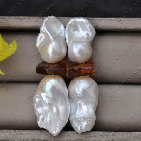 Z14627 2" 26mm White Baroque Reborn Keshi Pearl Natural Amber Dangle Earring