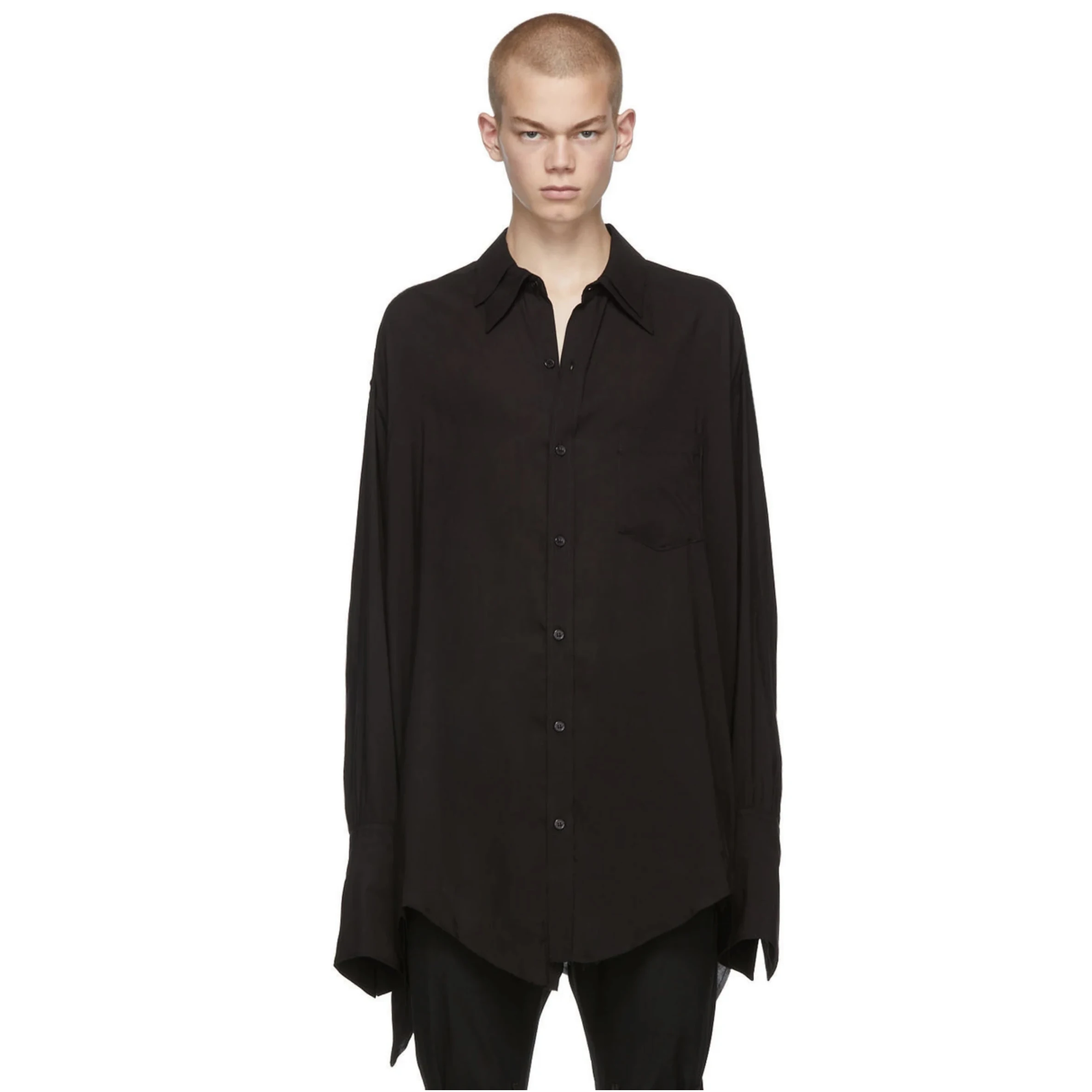 YOJI OOAK BLACK POPLIN OVERSHIRTt pure cotton double collar deconstructed frayed edge shirt silhouette
YOJI OOAK BLACK POPLIN OVERSHIRTt pure cotton double collar deconstructed frayed edge shirt silhouette