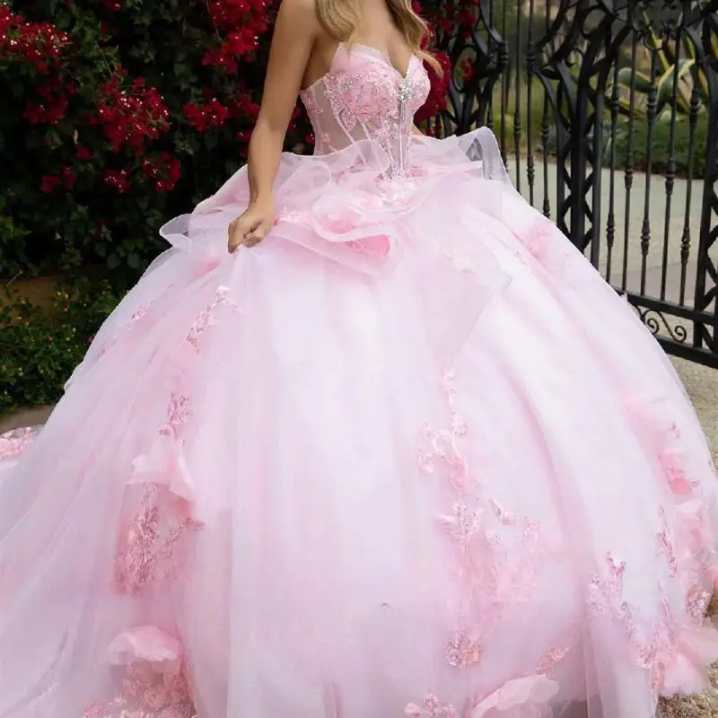 Customized Pink Quinceanera Dresses Beads Tull applique long strapless corset Flower Train skirt layered Vestidos De 15 Años
Customized Pink Quinceanera Dresses Beads Tull applique long strapless corset Flower Train skirt layered Vestidos De 15 Años