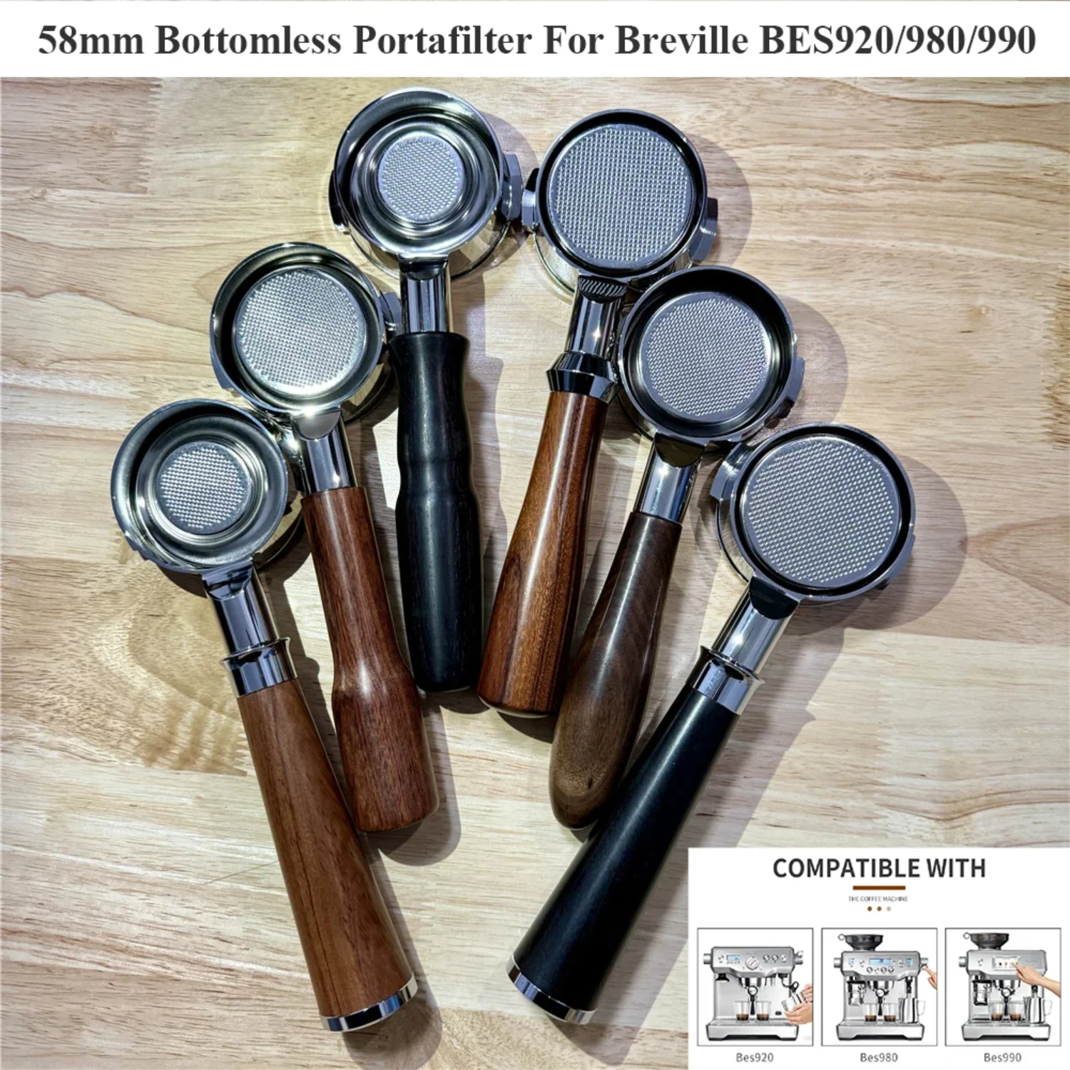 Stylish 58MM Bottomless Portafilter with Solid Wood Handle for BES900/920/980 - Includes 8g/18g/22g Cup Basket - Perfect for Nak
Stylish 58MM Bottomless Portafilter with Solid Wood Handle for BES900/920/980 - Includes 8g/18g/22g Cup Basket - Perfect for Nak