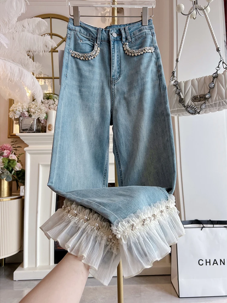 Spring/Summer New Heavy Industry Diamond studded Patchwork Ruffle Jeans Women's High Waist Slim Nine Part Straight Leg Pants
Spring/Summer New Heavy Industry Diamond studded Patchwork Ruffle Jeans Women's High Waist Slim Nine Part Straight Leg Pants