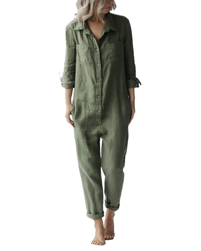 Women's Cotton Long Sleeve Jumpsuits Collared Neck Solid Color Rompers Loose Casual Bodysuit With Pocket
Women's Cotton Long Sleeve Jumpsuits Collared Neck Solid Color Rompers Loose Casual Bodysuit With Pocket