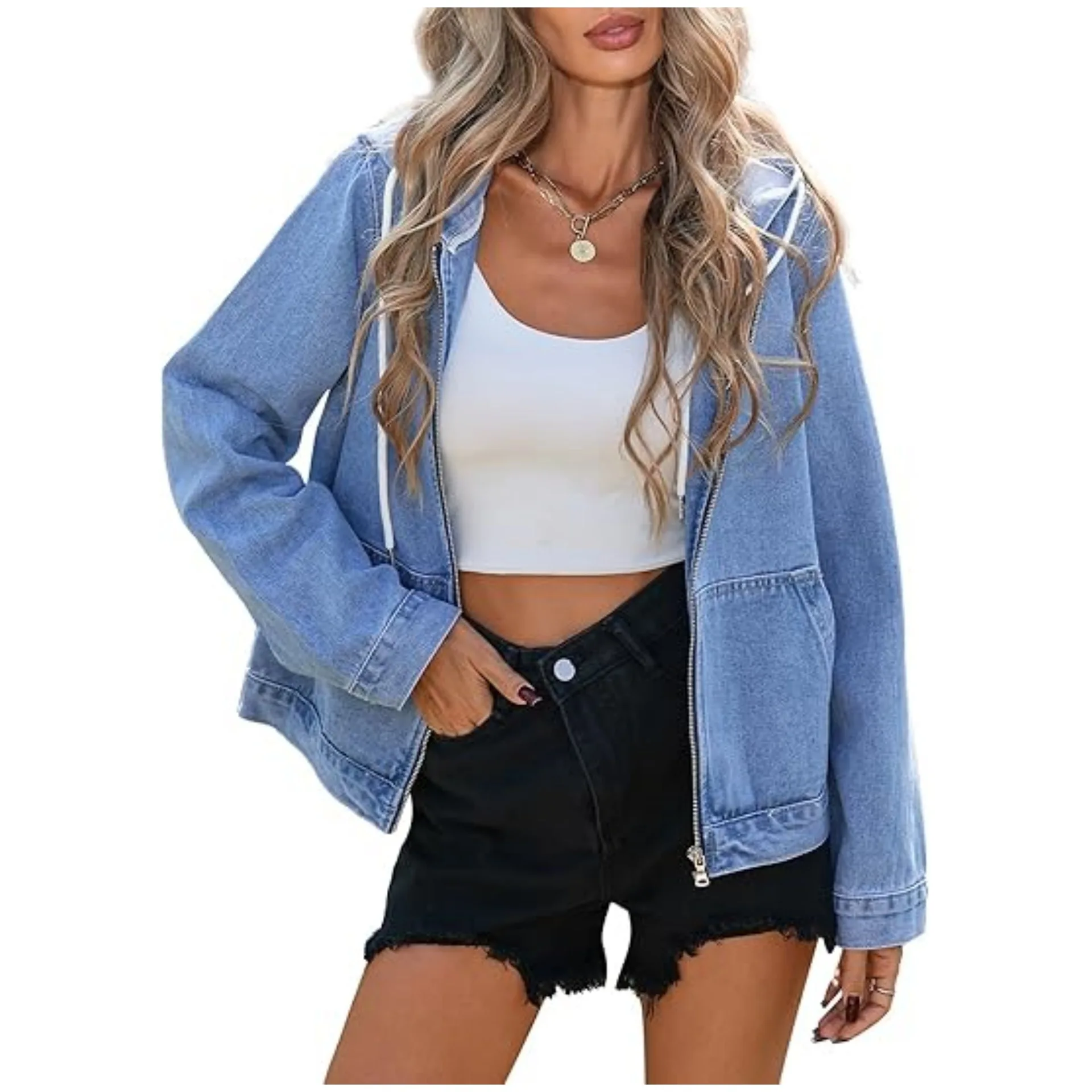 Women's Hooded Denim Jacket Long Sleeved Casual Zipper Drawstring 2026 New Arrivals Street Style Blue Denim Outerwear
Women's Hooded Denim Jacket Long Sleeved Casual Zipper Drawstring 2026 New Arrivals Street Style Blue Denim Outerwear