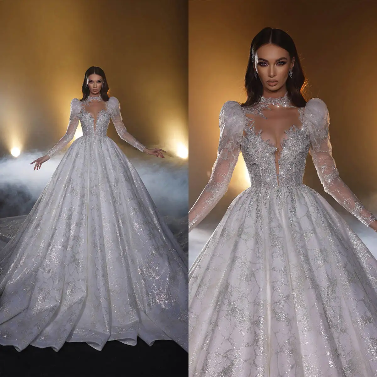 Dazzling Glitter Lace Sequin Ball Gown Bridal Dress High Neck Puff Long Sleeve Cathedral Train Gown Vestidos Mujer Customized
Dazzling Glitter Lace Sequin Ball Gown Bridal Dress High Neck Puff Long Sleeve Cathedral Train Gown Vestidos Mujer Customized