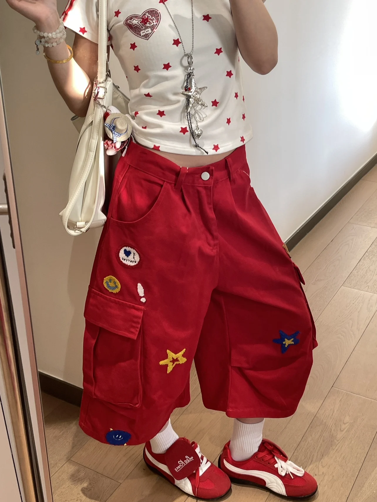 American Sle Summer Red Embroidered Youth Cargo orts Loose Wide Leg Multi ket Workwear Seven-Quarter Length Pants
American Sle Summer Red Embroidered Youth Cargo orts Loose Wide Leg Multi ket Workwear Seven-Quarter Length Pants