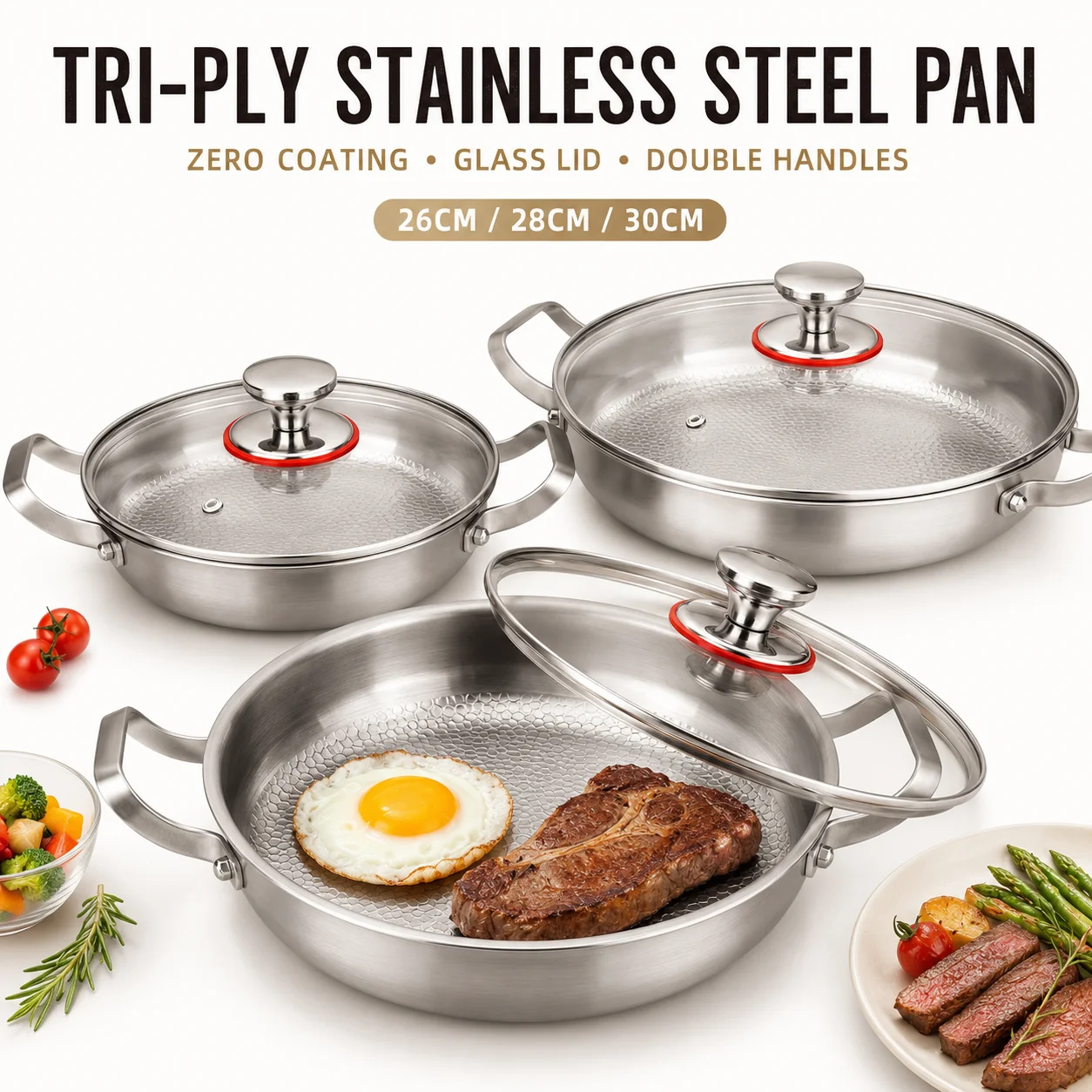 26/28/30cm Stainless Steel Frying Pan Uncoated Skillet Tri-Ply Cookware Hammered Pan With Glass Lid For Induction Gas Stove
26/28/30cm Stainless Steel Frying Pan Uncoated Skillet Tri-Ply Cookware Hammered Pan With Glass Lid For Induction Gas Stove