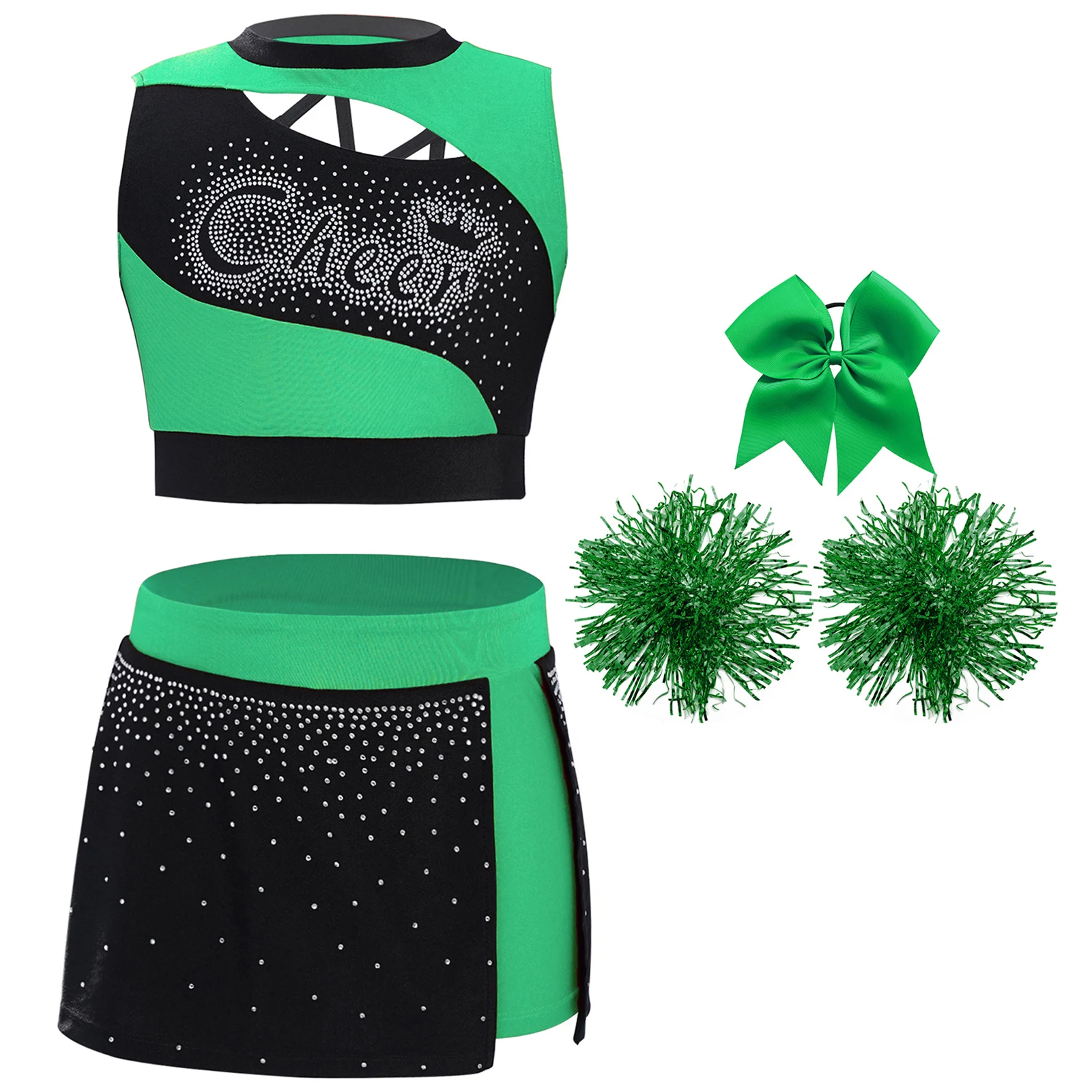 Kids Girl Cheerleading Dance Outfit Sleeveless Sparkling Rhinestones Crop Top with Side Slit Skirt 1Pc Headwear And Flower Balls
Kids Girl Cheerleading Dance Outfit Sleeveless Sparkling Rhinestones Crop Top with Side Slit Skirt 1Pc Headwear And Flower Balls