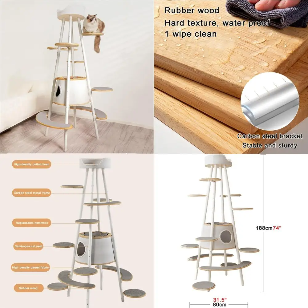 Кошачье дерево из углеродистой стали с регулируемой высотой и многослойными платформой из каучукового дерева для нескольких кошек, идеальные прыжки и гамак.
Кошачье дерево из углеродистой стали с регулируемой высотой и многослойными платформой из каучукового дерева для нескольких кошек, идеальные прыжки и гамак.