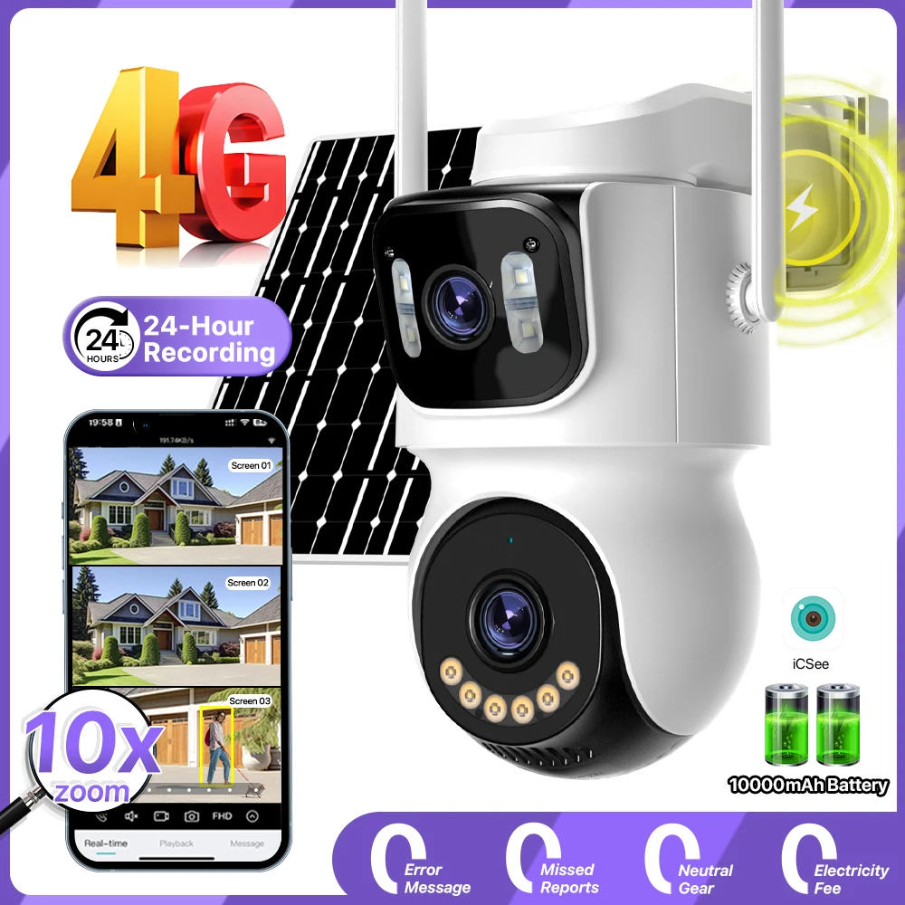 4G SIM Solar Camera 24 Hours Record Three Screen Outdoor AOV 10X Zoom Camera Built-in Battery Security Auto Tracking Cam iCSee
4G SIM Solar Camera 24 Hours Record Three Screen Outdoor AOV 10X Zoom Camera Built-in Battery Security Auto Tracking Cam iCSee
