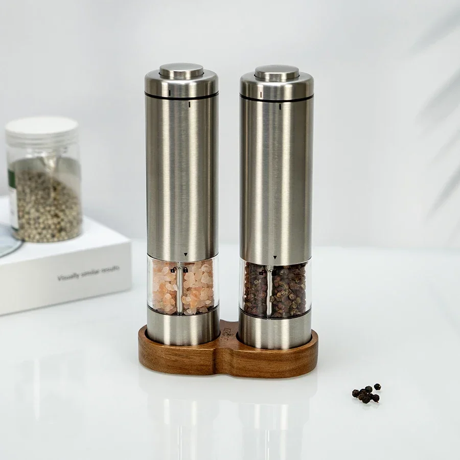 Stainless Steel Electric Automatic Salt and Pepper Grinder Set With Light and Wood Base
Stainless Steel Electric Automatic Salt and Pepper Grinder Set With Light and Wood Base