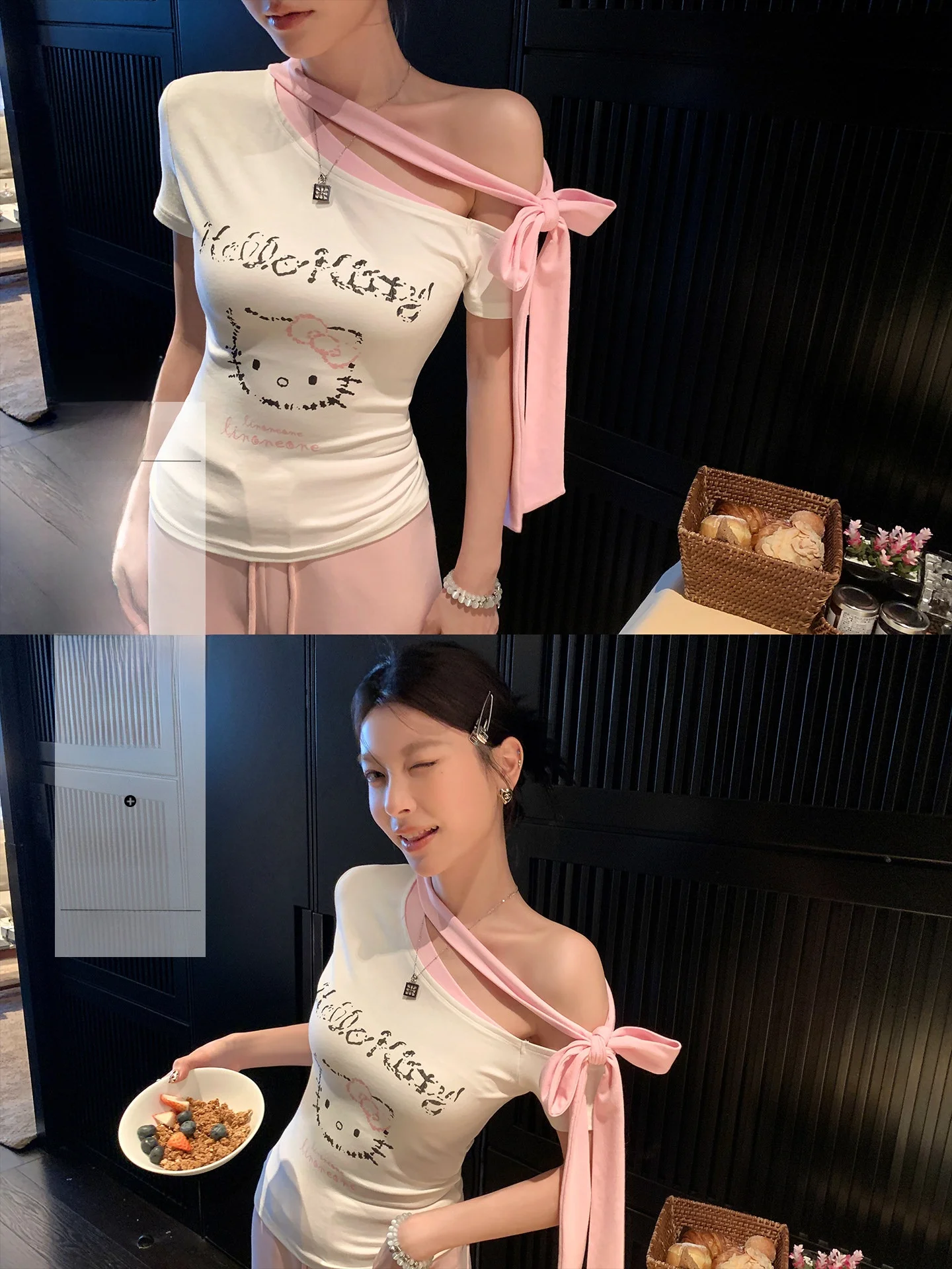 LIONE Cute Kitty Short Sleeve Slim Fit T-Shirt Color Block Shoulder Design Elastic Band Ladies Fashion Casual round Neck Top
LIONE Cute Kitty Short Sleeve Slim Fit T-Shirt Color Block Shoulder Design Elastic Band Ladies Fashion Casual round Neck Top