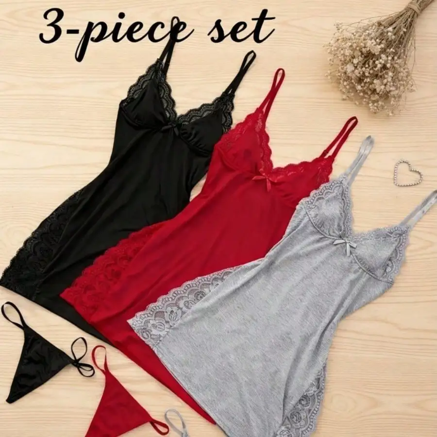 Three-piece women's nightgown multi-color combination, soft and skin-friendly thin shoulder strap nightgown, bow decorative side seam lace
Three-piece women's nightgown multi-color combination, soft and skin-friendly thin shoulder strap nightgown, bow decorative side seam lace