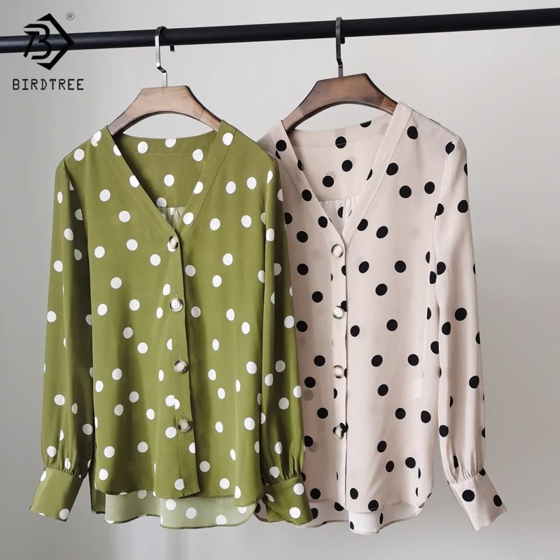 Birdtree,100% Silk Blouse,Women's Dot Print V-neck Tops,Lantern Sleeve,Single Breasted,2025 New Casual Shirt T5D407JF
Birdtree,100% Silk Blouse,Women's Dot Print V-neck Tops,Lantern Sleeve,Single Breasted,2025 New Casual Shirt T5D407JF