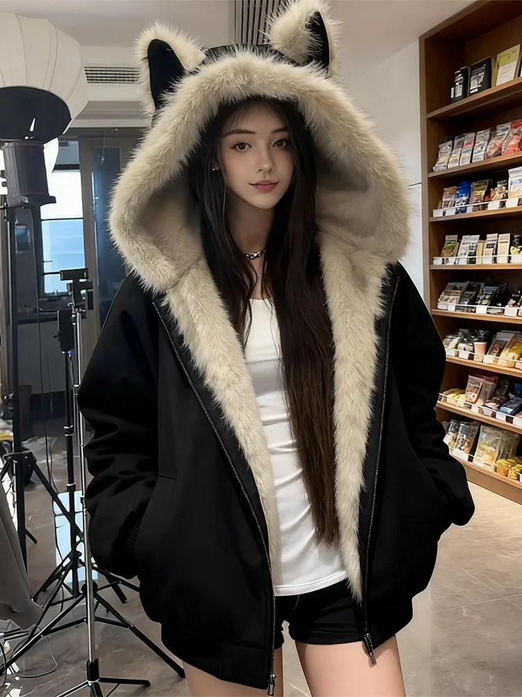 Thiened American Sle Hooded Cotton Jaet Women's Winter Warm Lamb Fur Cotton Coat Northeast Cold Resistance Coat Outerwear
Thiened American Sle Hooded Cotton Jaet Women's Winter Warm Lamb Fur Cotton Coat Northeast Cold Resistance Coat Outerwear