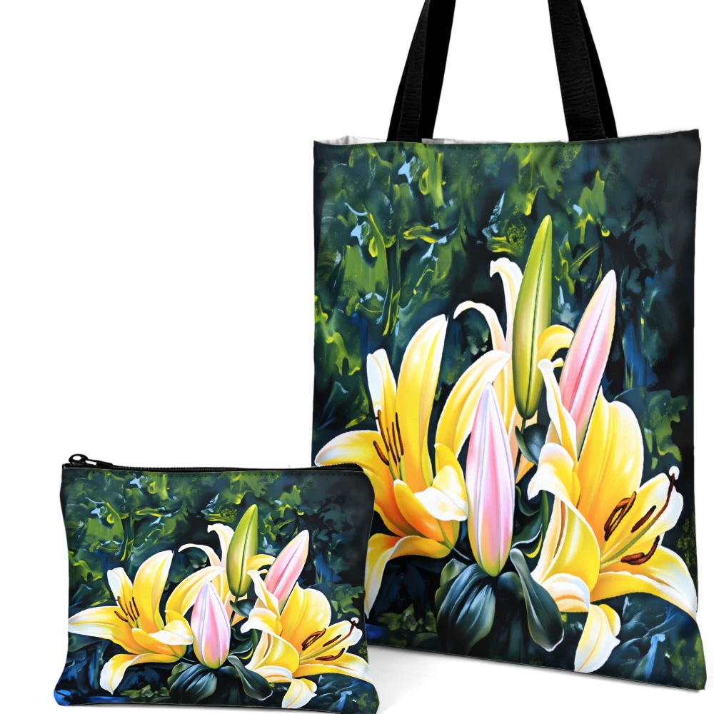 Floral Tote Bag And Makeup Bag Combination Yellow Pink Lily Print Handbag Portable Pouch For Women Shopping Travel Daily Use
Floral Tote Bag And Makeup Bag Combination Yellow Pink Lily Print Handbag Portable Pouch For Women Shopping Travel Daily Use