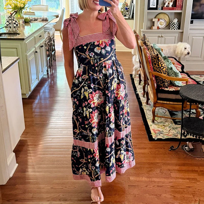Sexy Off Shoulder Bow Tie-up Sling Dress Elegant Sleeveless Floral Stripes Patchwork Bohe Dress Fashion Draped Waist Long Dress
Sexy Off Shoulder Bow Tie-up Sling Dress Elegant Sleeveless Floral Stripes Patchwork Bohe Dress Fashion Draped Waist Long Dress