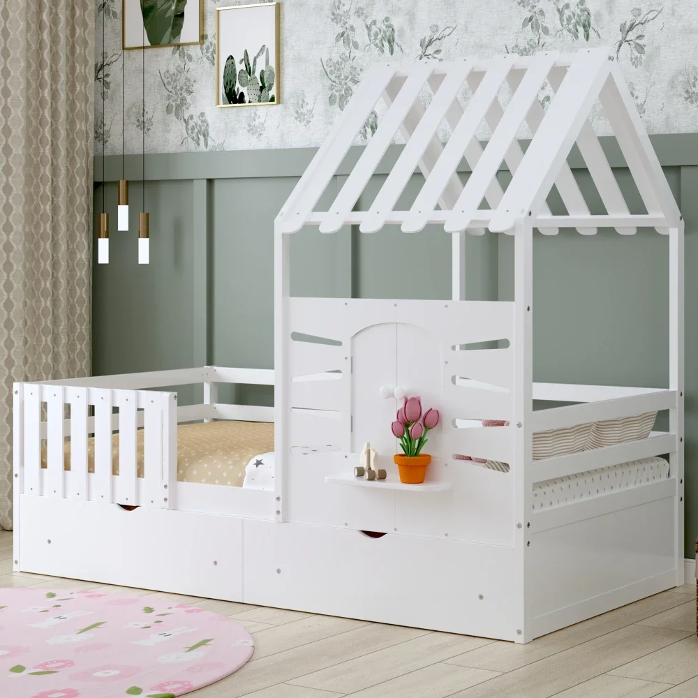 Twin Bed Frames for Kids,Twin Size With 2 Storage Drawers and Guardrails, Playhouse Bed With Roof and Window, Wooden Bed
Twin Bed Frames for Kids,Twin Size With 2 Storage Drawers and Guardrails, Playhouse Bed With Roof and Window, Wooden Bed