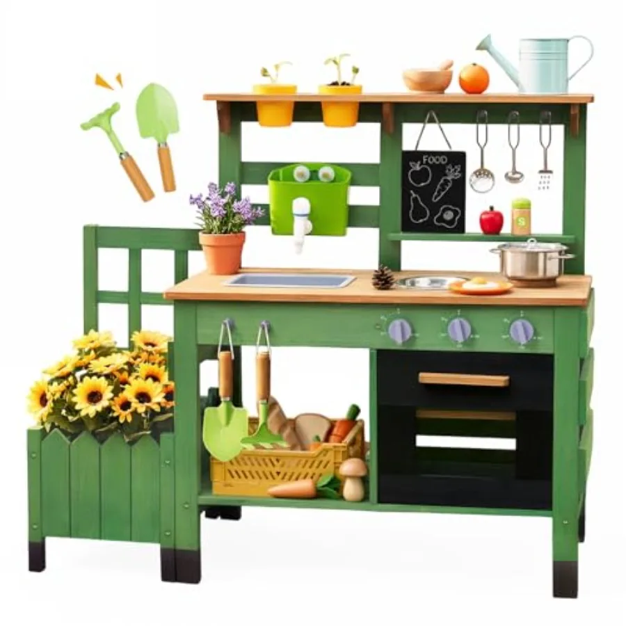 Outdoor mud kitchen for kids: vintage wooden design with planter box, faucet, stove, sink, oven, flowerpots, and gardening tool
Outdoor mud kitchen for kids: vintage wooden design with planter box, faucet, stove, sink, oven, flowerpots, and gardening tool