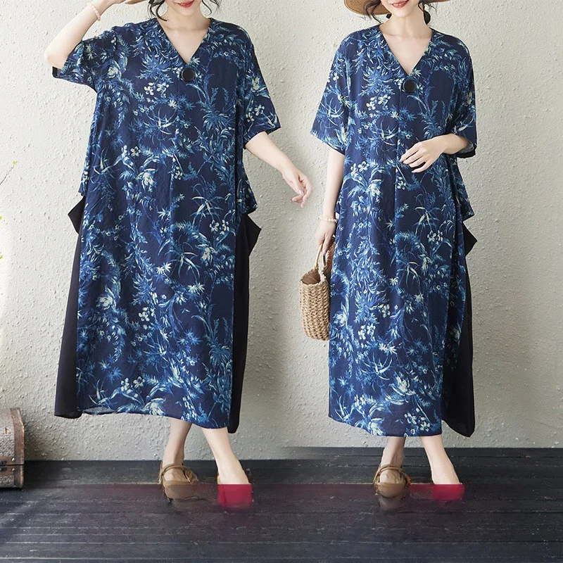 Loose Cotton Linen Floral Print Summer New Style Women's Dress V-Neck Short Sleeve Wide Hem Casual Comfortable Long Dress
Loose Cotton Linen Floral Print Summer New Style Women's Dress V-Neck Short Sleeve Wide Hem Casual Comfortable Long Dress