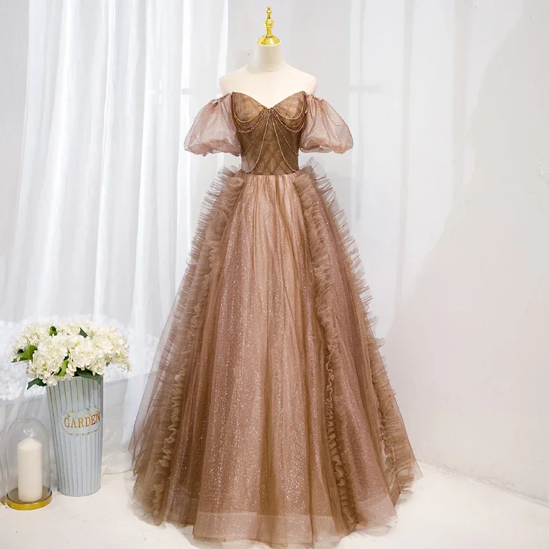 Customized Evening Dress Coffee Tulle Beads Ruffles Off the Shoulder Floor Length A-Line Plus Size Women party Formal Gown B2538
Customized Evening Dress Coffee Tulle Beads Ruffles Off the Shoulder Floor Length A-Line Plus Size Women party Formal Gown B2538