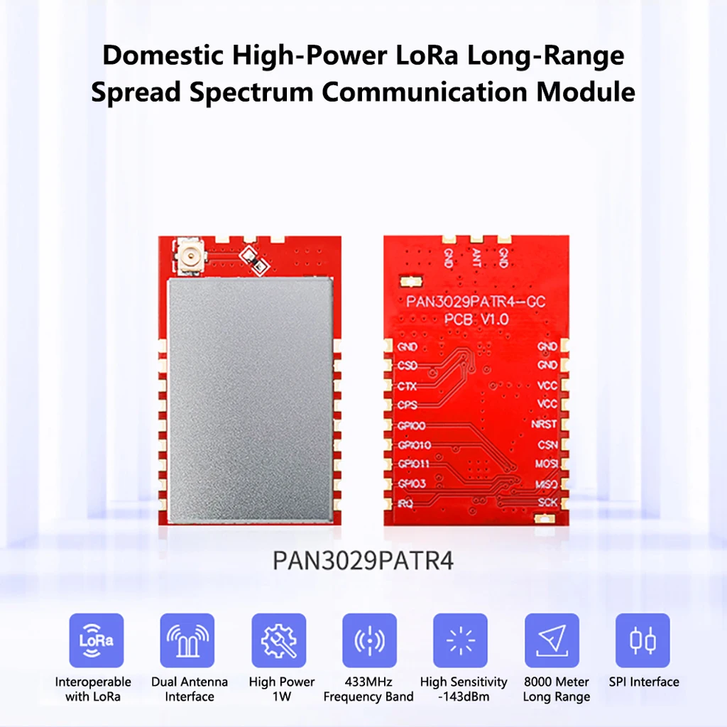 PAN3029PATR4 30dBm High Power PAN3029 Chip PA + LNA Wireless Module 433MHz Compatible with SX1262 SX1268 LLCC68
PAN3029PATR4 30dBm High Power PAN3029 Chip PA + LNA Wireless Module 433MHz Compatible with SX1262 SX1268 LLCC68