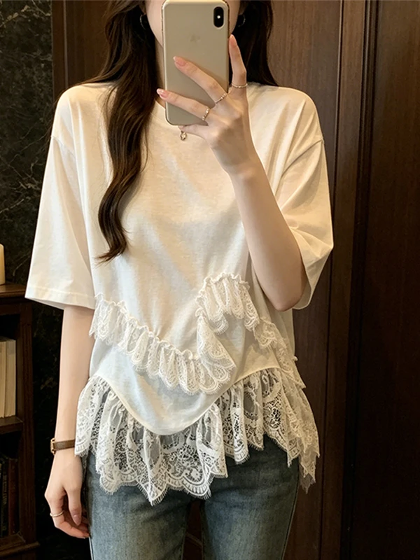 Loose Women's T-Shirt Summer New Style plus Size Lace Splicing Short Sleeve Korean Style Commute Daily Breathable Skin-Friendly
Loose Women's T-Shirt Summer New Style plus Size Lace Splicing Short Sleeve Korean Style Commute Daily Breathable Skin-Friendly
