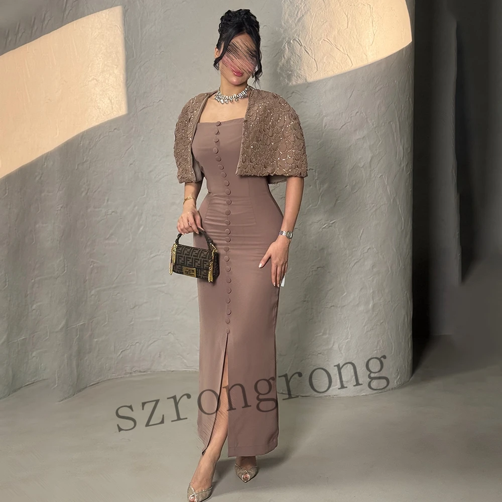 Customized Boat Collar Sheath Button Formal Evening Party Dress Front Slit Backless Ankle Length Prom Dress with Jackets
Customized Boat Collar Sheath Button Formal Evening Party Dress Front Slit Backless Ankle Length Prom Dress with Jackets