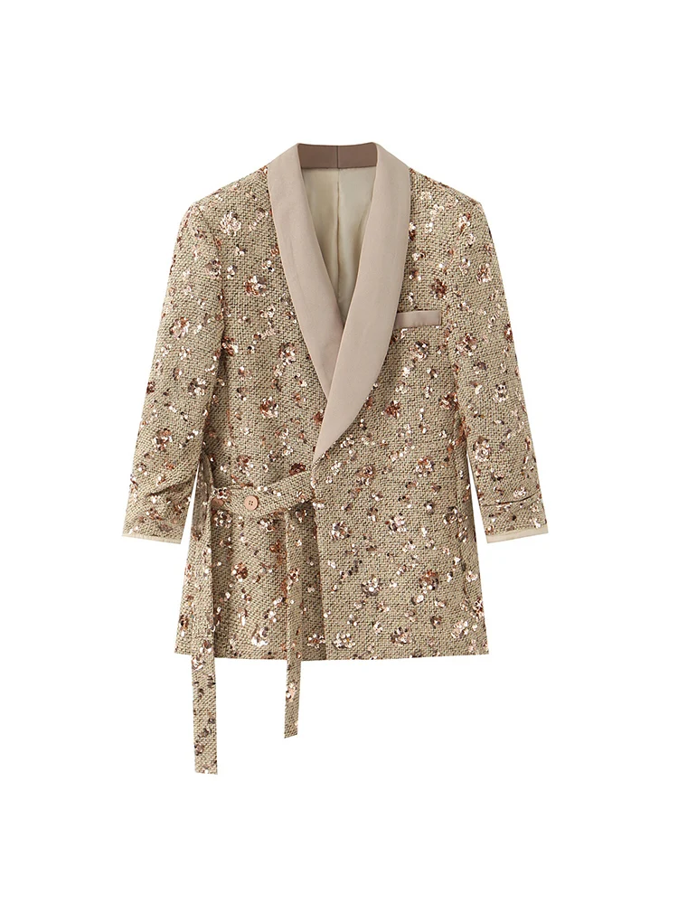 Новая женская мода в европейском стиле, универсальный, элегантный пиджак с длинными рукавами и пайетками по бокам для рабочего места.
Новая женская мода в европейском стиле, универсальный, элегантный пиджак с длинными рукавами и пайетками по бокам для рабочего места.