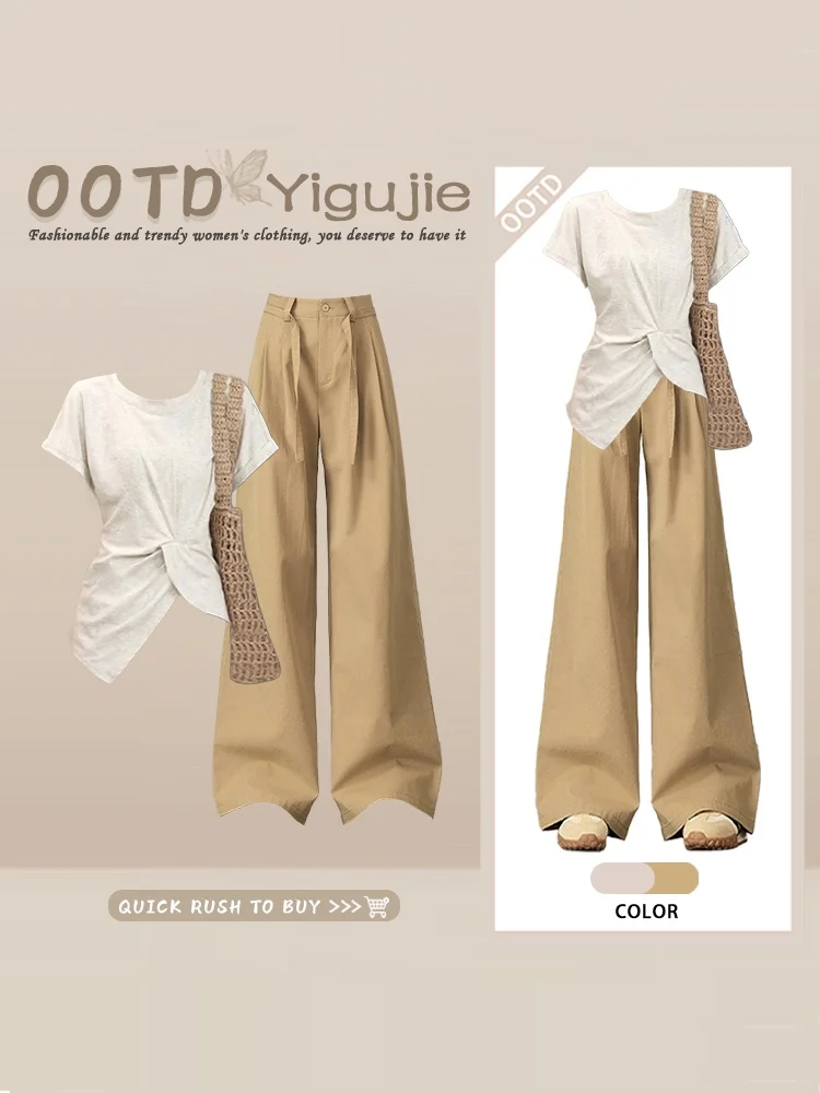 Retro Slimming High Waist Wide Leg Pants Casual round Neck Short Sleeve Two Piece Set Women's Fashion Summer Outfit
Retro Slimming High Waist Wide Leg Pants Casual round Neck Short Sleeve Two Piece Set Women's Fashion Summer Outfit