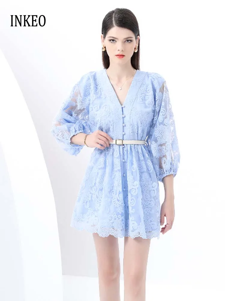 Sexy Hollow out Lace dress with belt 2025 Summer Beige Blue Beach V-neck Single breasted shirt dresses Embroidery INKEO 5D049
Sexy Hollow out Lace dress with belt 2025 Summer Beige Blue Beach V-neck Single breasted shirt dresses Embroidery INKEO 5D049