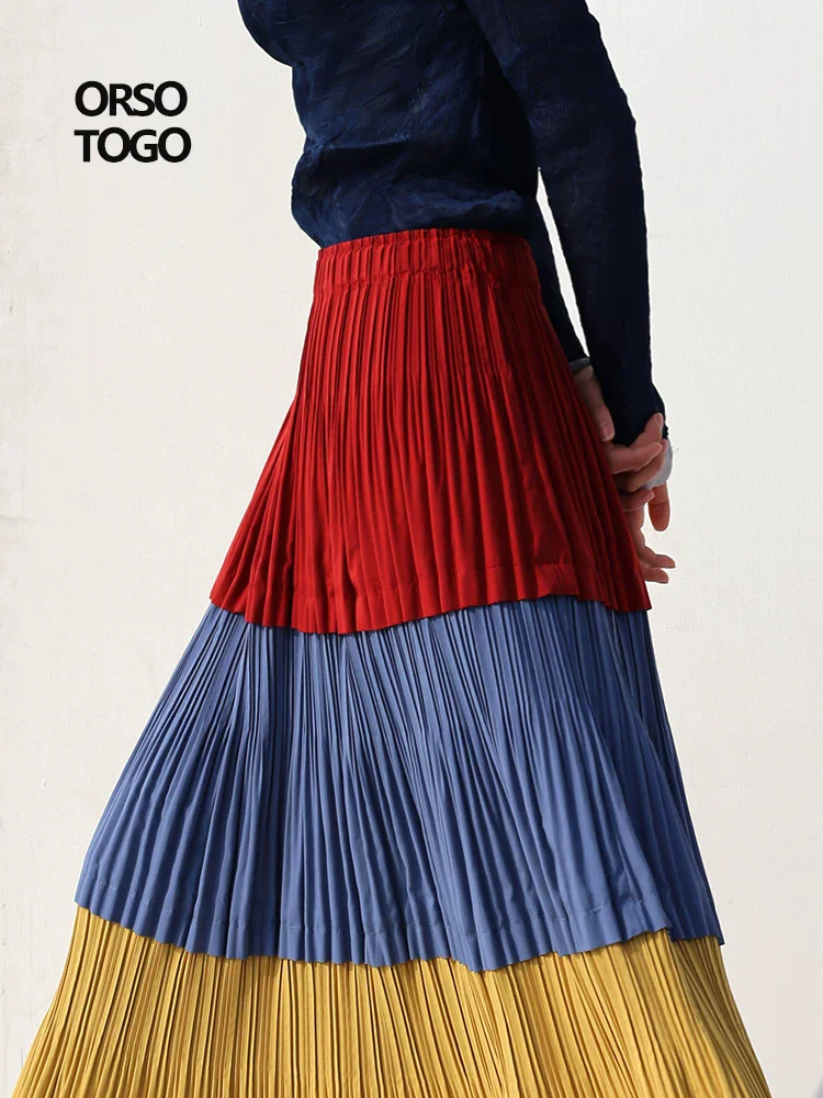 Women's color-block spliced long pleated A-line skirt with drape, Yi ethnic style design
Women's color-block spliced long pleated A-line skirt with drape, Yi ethnic style design