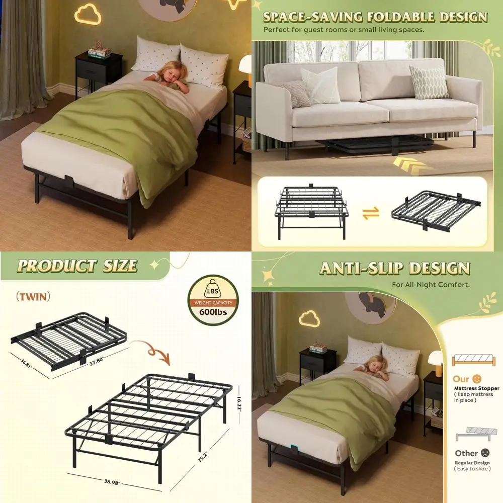 Twin Size Foldable Metal Bed Frame with Sturdy Steel Slats, No Box Spring Needed, Easy Assembly
Twin Size Foldable Metal Bed Frame with Sturdy Steel Slats, No Box Spring Needed, Easy Assembly