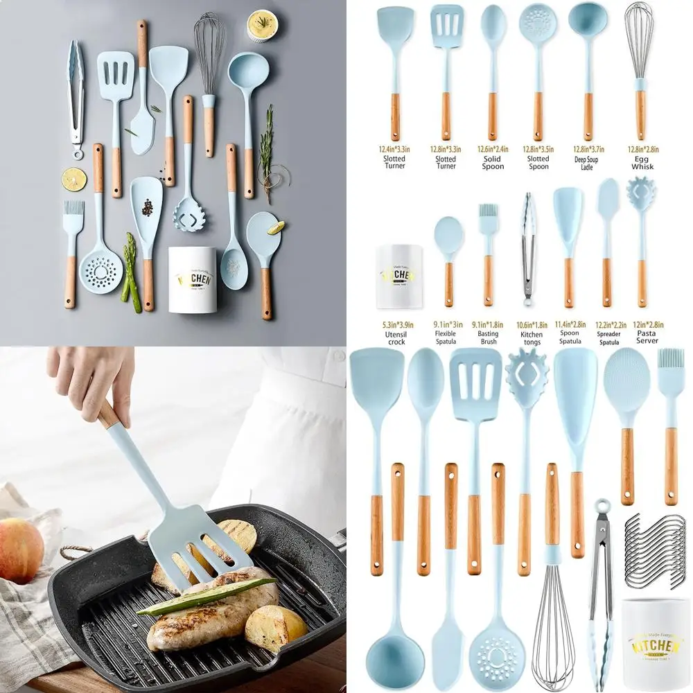 Набор силиконовых кухонных принадлежностей с антипригарным покрытием, 13 предметов, с деревянной ручкой и подставкой — синий Morandi, без BPA
Набор силиконовых кухонных принадлежностей с антипригарным покрытием, 13 предметов, с деревянной ручкой и подставкой — синий Morandi, без BPA