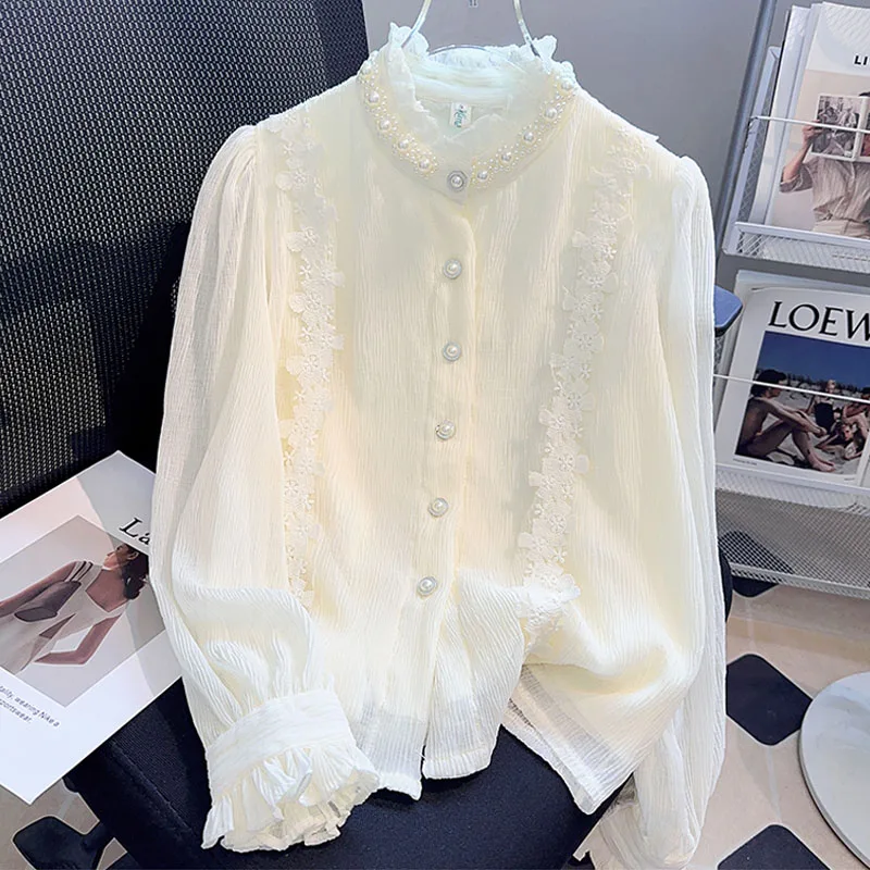 Women Shirt Blouse New Long Sleeve Ruffled Collar Elegant Beading Shirt Blouse Women Tops Blouses Shirts Blusas Para Mujer Q591 
Women Shirt Blouse New Long Sleeve Ruffled Collar Elegant Beading Shirt Blouse Women Tops Blouses Shirts Blusas Para Mujer Q591