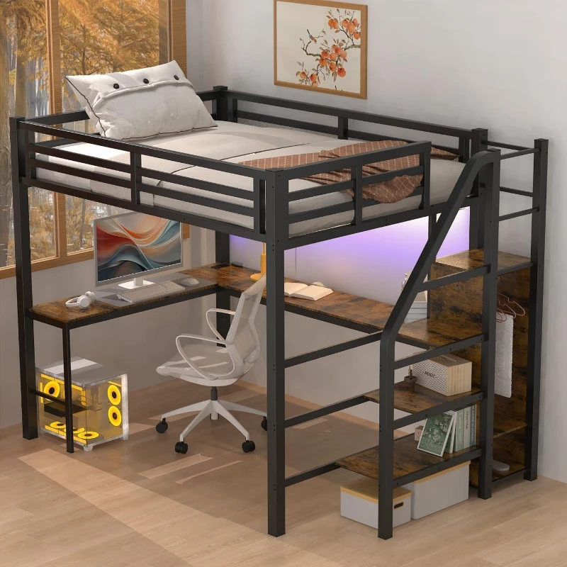 LED Light, and Wardrobe, Heavy Duty Metal Loft Bed with Storage Shelves and USB Charging Station Safety Guard
LED Light, and Wardrobe, Heavy Duty Metal Loft Bed with Storage Shelves and USB Charging Station Safety Guard