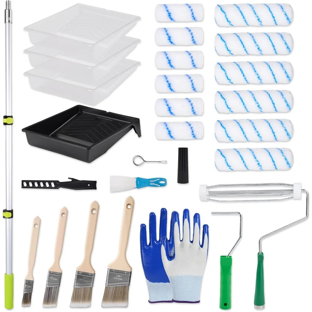 Complete 29 Piece Roller Kit with 2 4FT Extension Pole Brushes for Wall Ceiling Latex Oil Paint
Complete 29 Piece Roller Kit with 2 4FT Extension Pole Brushes for Wall Ceiling Latex Oil Paint