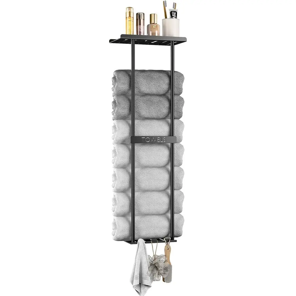 Dual-Level Wall-Mounted Towel Rack with Hooks and Shelf, Black Metal for Compact Bathrooms
Dual-Level Wall-Mounted Towel Rack with Hooks and Shelf, Black Metal for Compact Bathrooms