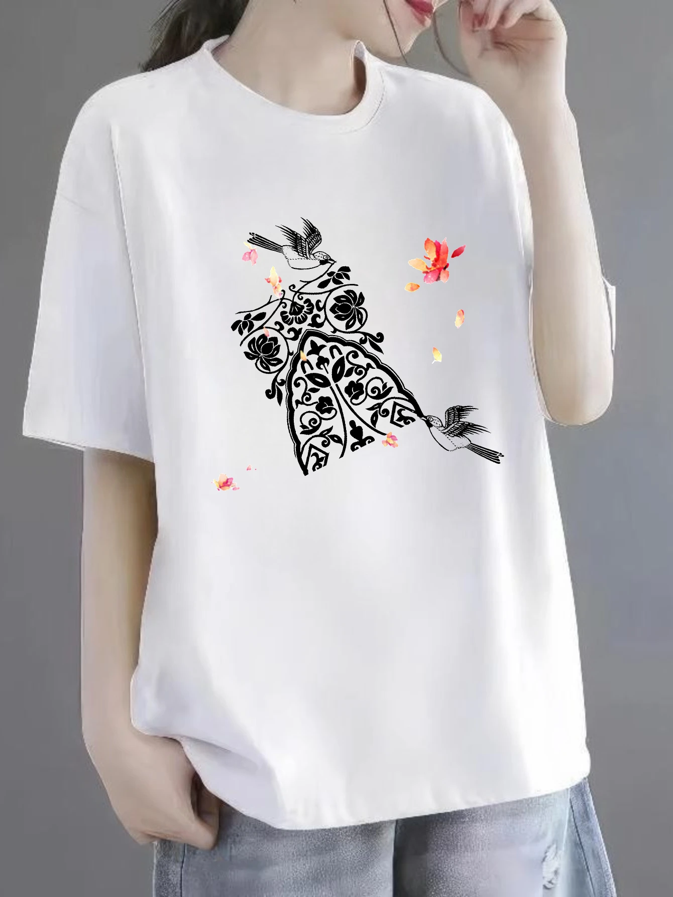 Women's T-shirts Chinese style Halloween Hip-Hop Printed t shirt Casual 100% cotton Floral Design With Birds printed tee Y2k
Women's T-shirts Chinese style Halloween Hip-Hop Printed t shirt Casual 100% cotton Floral Design With Birds printed tee Y2k