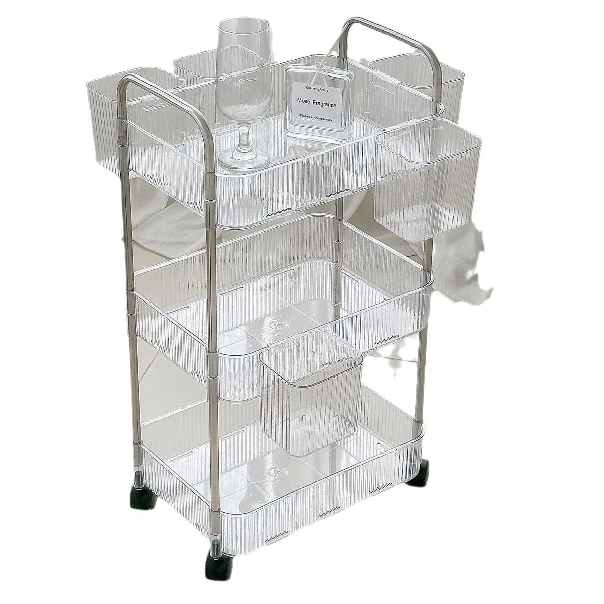Transparent acrylic storage rack with casters, multi-tiered design, ideal for kitchen/bathroom/desk. Space-saving Easy mobility
Transparent acrylic storage rack with casters, multi-tiered design, ideal for kitchen/bathroom/desk. Space-saving Easy mobility