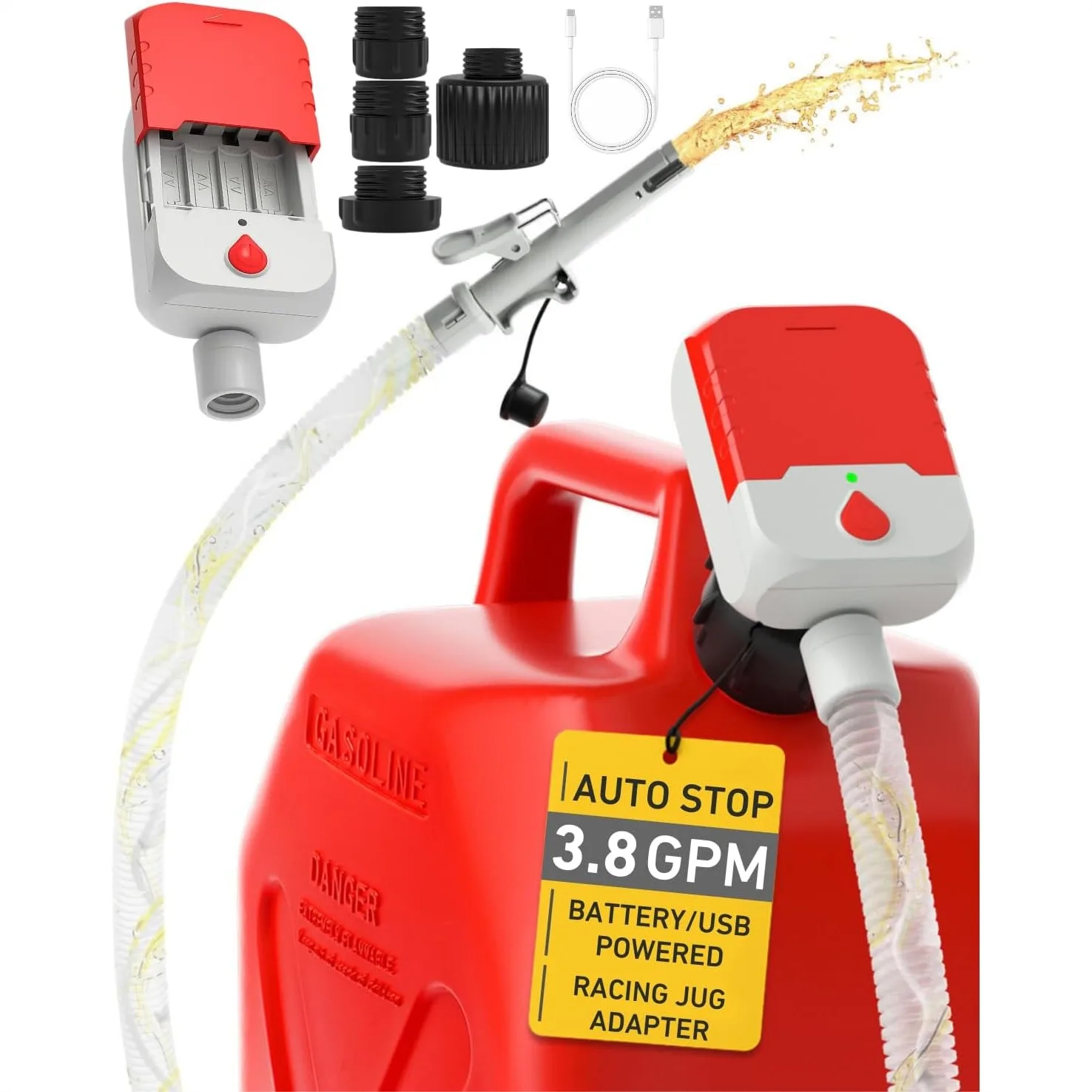 Fuel Transfer Pump with Auto-Stop, 3.8 GPM Battery or USB Powered Cordless Gas Pump for Gas Can with 51" Hose & 4 Adapters for
Fuel Transfer Pump with Auto-Stop, 3.8 GPM Battery or USB Powered Cordless Gas Pump for Gas Can with 51" Hose & 4 Adapters for