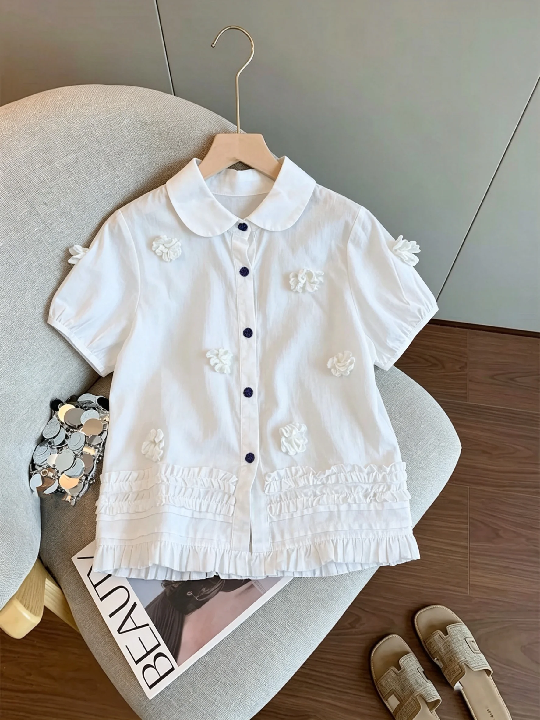 Sweet Doll Collar Short Sleeve White Shirt Summer Heavy Work 3D Flower Youthful Hem Multi Layer Earlet Top Women's Casua...
Sweet Doll Collar Short Sleeve White Shirt Summer Heavy Work 3D Flower Youthful Hem Multi Layer Earlet Top Women's Casua...