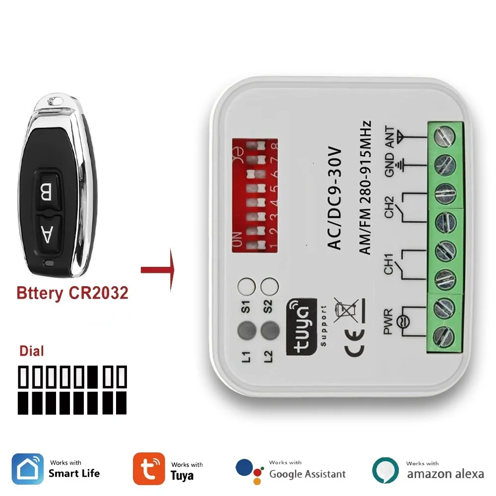 Tuya WiFi Garage Door Receiver 2CH Gate Universal Receiver Multi Frequency for 300-900MHz Remote Control Switch 9-30V 85-250V
Tuya WiFi Garage Door Receiver 2CH Gate Universal Receiver Multi Frequency for 300-900MHz Remote Control Switch 9-30V 85-250V