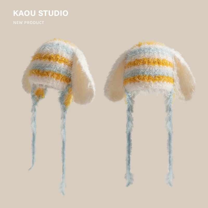 Cute Ears Plush Hat Women's Colored Stripes Autumn and Winter Handmade Knitted Ear Protection Warm Wool Hat
Cute Ears Plush Hat Women's Colored Stripes Autumn and Winter Handmade Knitted Ear Protection Warm Wool Hat