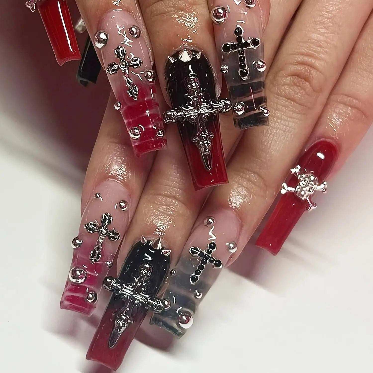 Long Square Press on Nails with Goth Red Black Ombre and Y2K Cross Design, 24 Pcs for Party Wedding
Long Square Press on Nails with Goth Red Black Ombre and Y2K Cross Design, 24 Pcs for Party Wedding