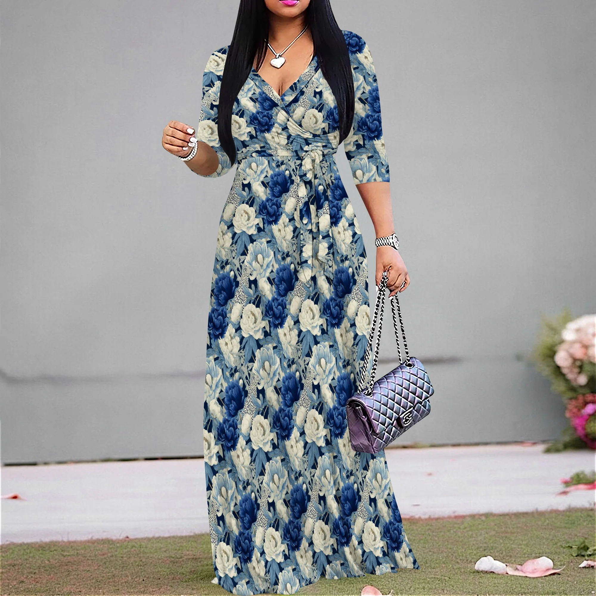 Elegant Floral Print Maxi Dress for Women V Neck S-3XL Blue White Summer Party or Wedding Look
Elegant Floral Print Maxi Dress for Women V Neck S-3XL Blue White Summer Party or Wedding Look