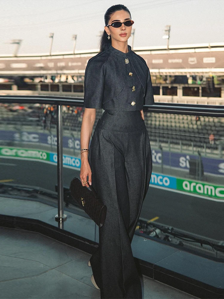 Fashion Women Pant Set Fashion Stand Collar Single Breasted Short Sleeve Cropped Coat And Lace Up Wide Leg Pant Casual Outwear
Fashion Women Pant Set Fashion Stand Collar Single Breasted Short Sleeve Cropped Coat And Lace Up Wide Leg Pant Casual Outwear